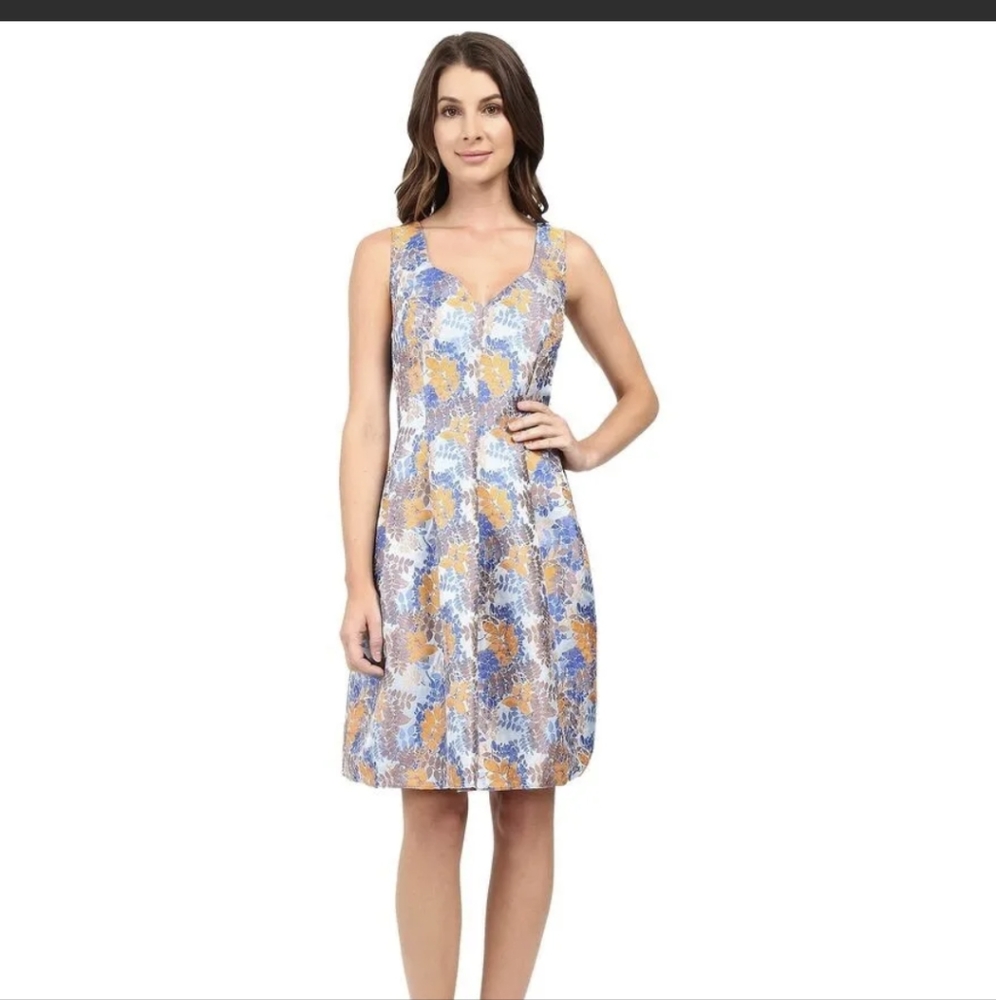 Adrianna Papell orange blue leaf floral print jacquard dress cocktail 10